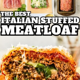 Stuffed Italian Meatloaf being prepared and placed into a baking loaf pan and then baked and served with a spatula.
