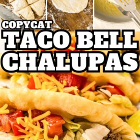 Chalupa shells being prepared and fried then stuffed with beef filling to create copycat Taco Bell chalupas.