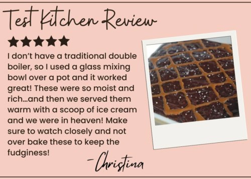 A five-star review praises salted caramel brownies, shown in a close-up photo as glossy squares cut in a grid and sprinkled with sea salt. The reviewer suggests serving them warm with ice cream for an extra treat.