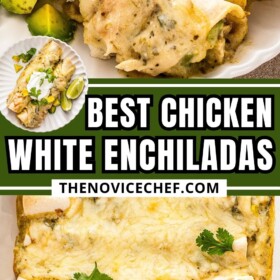 A casserole dish of creamy chicken enchiladas with cilantro on top and two white chicken enchiladas served on a plate.