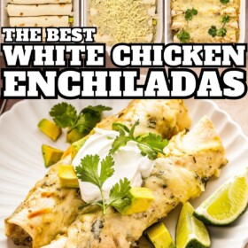 White chicken enchiladas being prepared, lined up in a baking dish, covered in homemade white enchilada sauce and baked and served on a plate.
