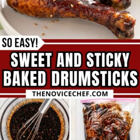 Asian glaze being whisked together, chicken drumsticks being marinated in glaze, brushing the thickened glaze on the baked chicken drumsticks and the drumsticks arranged on a platter and topped with sesame seeds.