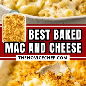 A bowl of cheesy baked Mac and cheese with crispy fried onions on top.