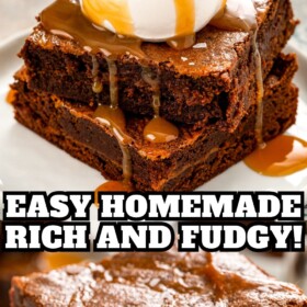 Caramel brownies cut into squares and stacked on top of each other on a plate topped with salted caramel sauce and whipped cream.