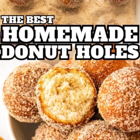 Fried donut holes being tossed in cinnamon sugar and a bowl of homemade donut holes with a bite taken out of one to show the soft center.
