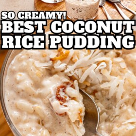 Bowls of creamy coconut rice pudding with golden raisins and toasted coconut on top with a spoon taking a bite.