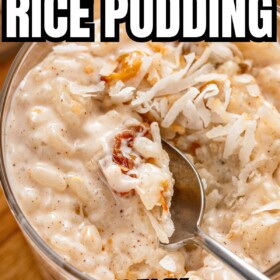 A bowl of coconut milk rice pudding with a spoon taking a bite.
