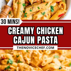 A bowl of creamy cajun chicken pasta with a fork ready to take a bite.