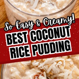 A bowl of coconut rice pudding with toasted coconut on top and a spoon taking a bite.