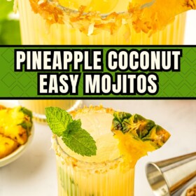 A pineapple coconut mojito with toasted coconut rim and fresh mint.