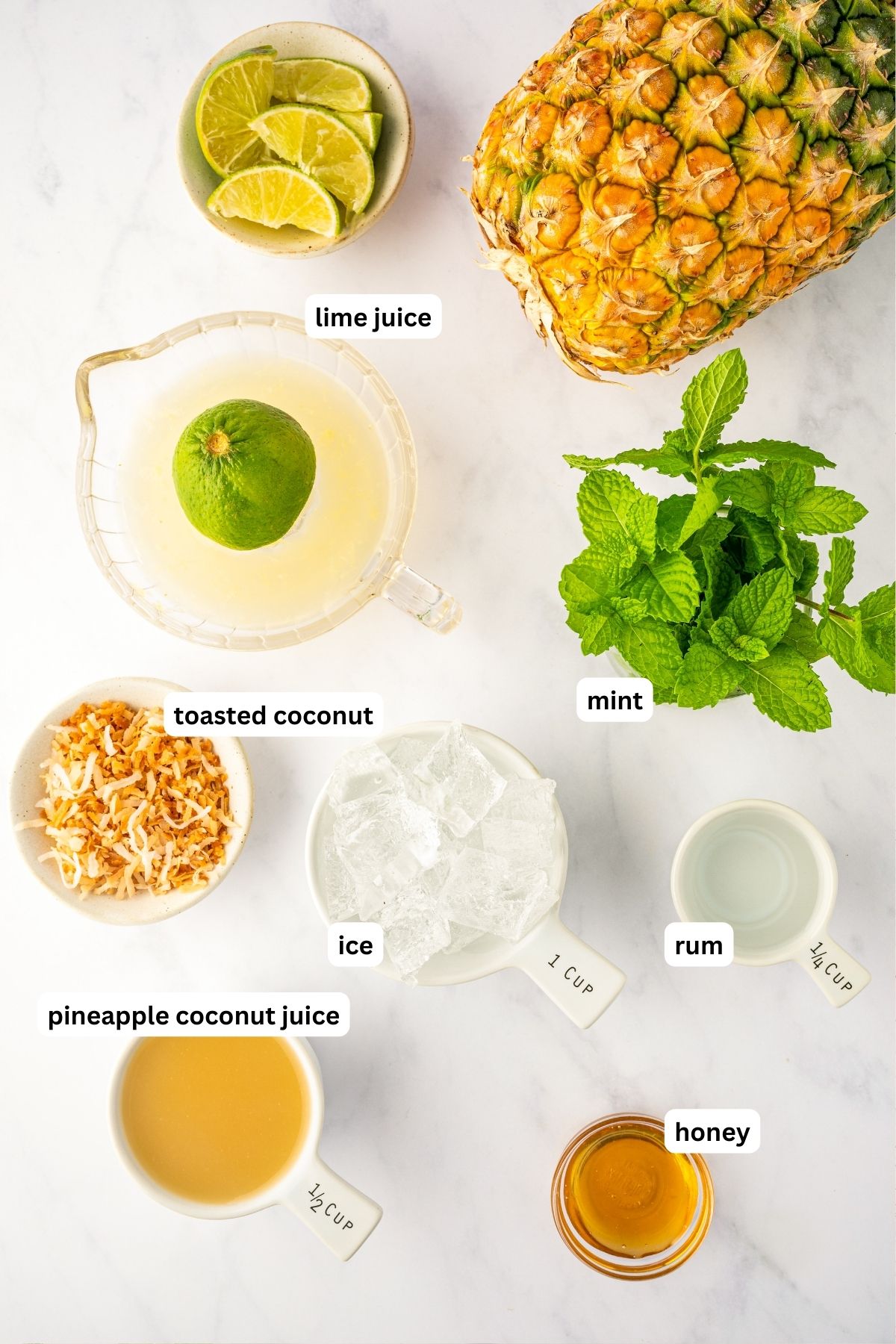 Ingredients for pineapple coconut mojito recipe arranged in bowls. From top to bottom: lime juice, fresh mint, toasted coconut, ice, rum, pineapple juice and honey.