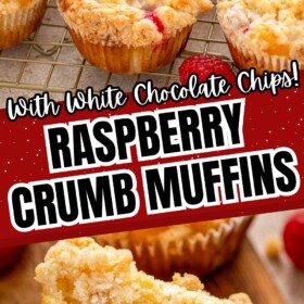 White chocolate and raspberry muffins with crumb topping on a cooling rack and a muffin cut in half to show the fluffy interior.