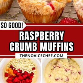Raspberry muffins batter being combined, added to muffin tins and topped with crumb topping and baked muffins on a cooling rack.