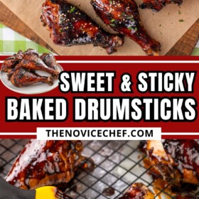 Sticky baked drumsticks arranged on a parchment paper lined cutting board and a silicone brush adding asian glaze to the chicken drumsticks.