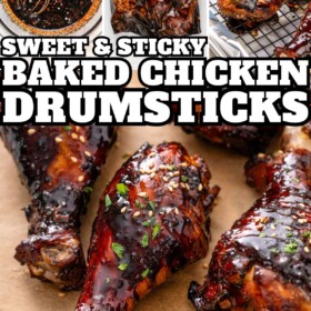 Baked chicken drumsticks in a sweet and sticky asian glaze on parchment paper and the baked drumsticks being marinated and baked.