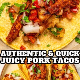 Juicy tacos al pastor with grilled pineapple served on a plate.