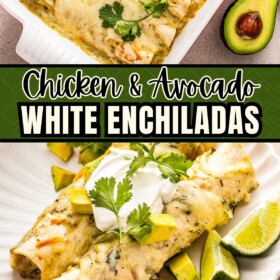 A casserole dish of creamy chicken enchiladas with cilantro on top and two white chicken enchiladas with avocado served on a plate.