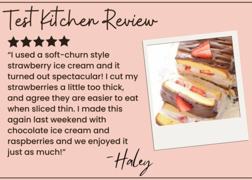 A review card featuring text praising a homemade strawberry ice cream cake, with a photo of a cake slice layered with ice cream, strawberries, and chocolate topping. The review is signed by Haley.