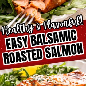 Oven roasted balsamic salmon over a bed of arugula and a fork cutting the flaky salmon for a bite.