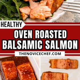 Balsamic glazed salmon marinating in a bowl, baked on a baking sheet and the balsamic salmon served over a bed of fresh arugula.