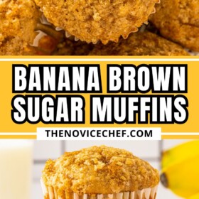 Two brown sugar banana muffins stacked on top of each other and muffins stacked in a basket.