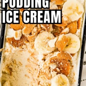 A container of frozen banana pudding ice cream with vanilla wafers and bananas on top.