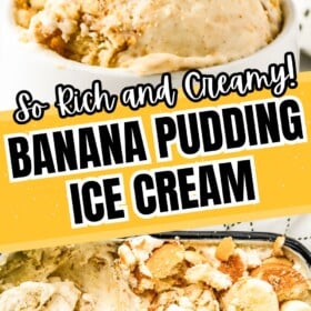 Banana pudding ice cream served in a bowl and being scooped out of a container.