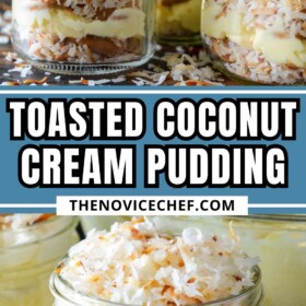 Individual servings of creamy coconut pudding in jars with layers of toasted coconut, creamy instant coconut pudding and vanilla wafer cookies.