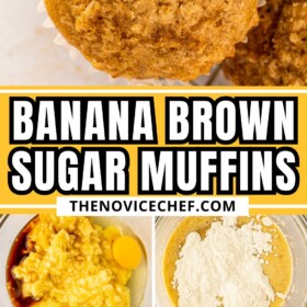 Easy banana muffin batter being prepared in a bowl, placed in a muffin tin and topped with brown sugar and baked brown sugar banana muffins stacked on top of each other on a plate.