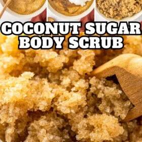 Coconut oil and vitamin e oil being stirred into a bowl of coarse sugar to create this homemade sugar scrub.