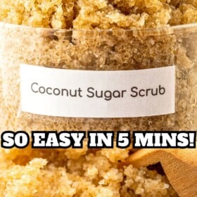 Coconut body scrub in a glass jar with a wooden scoop and an up close image of the coarse sugar crystals in the homemade sugar scrub.