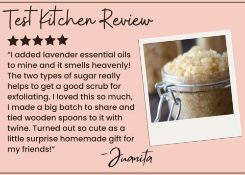 Five-star sugar scrub! I added lavender oil and gifted jars tied with twine—everyone loved them. The photo shows a glass jar filled with light brown sugar scrub. Highly recommend this homemade treat! —Juanita.