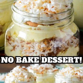 Layers of toasted coconut, vanilla wafers and creamy coconut pudding in mason jars.
