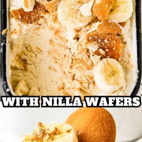Creamy banana pudding ice cream in a container and served in a bowl with a bite missing to show the ice cream fillings.