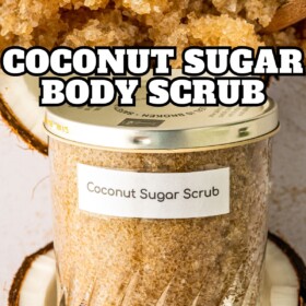 Coconut body scrub in a jar set inside a fresh coconut cut in half and an up close image of the coarse sugar crystals in the diy sugar scrub.