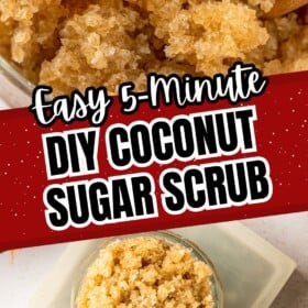 Homemade sugar scrub in a glass jar and on a platter with a wooden scoop on the side.