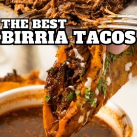 Birria meat shredded on a plate with two forks and a Quesabirria taco being dunked in Birria consommé.