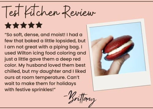 A review for red velvet whoopie pies appears alongside a photo of a hand holding a red whoopie pie with white filling. The review praises their taste, festive color, and appeal to family.