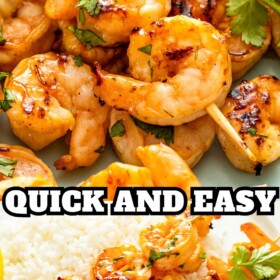 Sweet and sticky grilled shrimp skewers with fresh cilantro over a bed of rice.