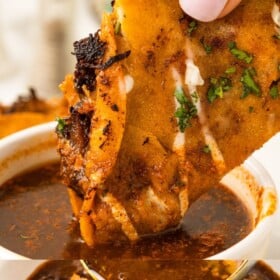 A birria taco being dunked in birria consommé and a bowl of shredded beef with the cooking broth being poured over it.