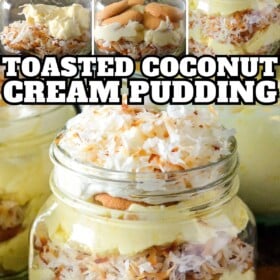 Toasted coconut pudding being layered together in a mason jar and then topped with whipped cream and toasted coconut.