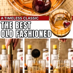 Showing how to make an old fashioned cocktail with a muddler and then an old fashioned served in a short glass with a cherry garnish.