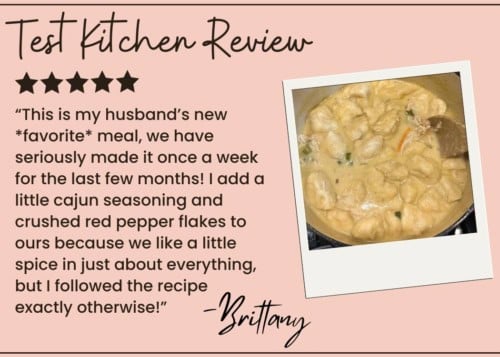A five-star Test Kitchen Review with a photo of creamy gnocchi in a skillet. Brittany praises the recipe, noting she added Cajun seasoning and red pepper flakes for spice—perfect for fans of easy chicken and dumplings.