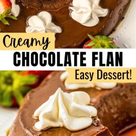 Rich and creamy chocolate flan with whipped cream and strawberries on top.