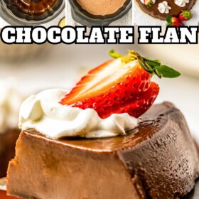 Chocolate flan being prepared in a bundt pan and then sliced and served with whipped cream on top.