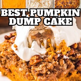 Pumpkin dump cake recipe being assembled in a baking dish and then served on a plate with whipped cream on top and a fork taking a bite.