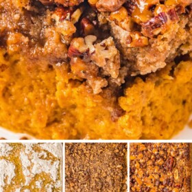 Pumpkin dump cake recipe being assembled in a baking dish and then served on a plate with whipped cream on top.