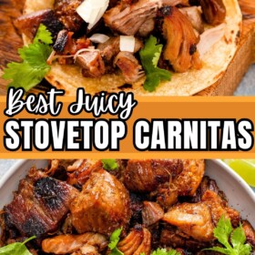 Crispy pork carnitas in a bowl and wrapped in a corn tortilla topped with cilantro and diced onion.