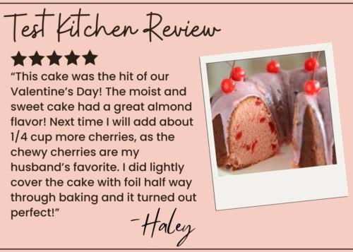 A pink card features a five-star cake review with a photo of a cherry almond bundt cake topped with glaze and cherries. The reviewer describes the cake as moist, sweet, and perfect for Valentine’s Day, signed by Haley.