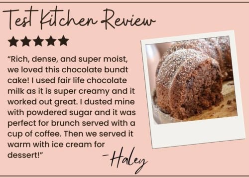 A five-star “Test Kitchen Review” praises the rich chocolate bundt cake, pictured dusted with powdered sugar. “Absolutely delicious!” raves the quote. The review is signed by Haley.